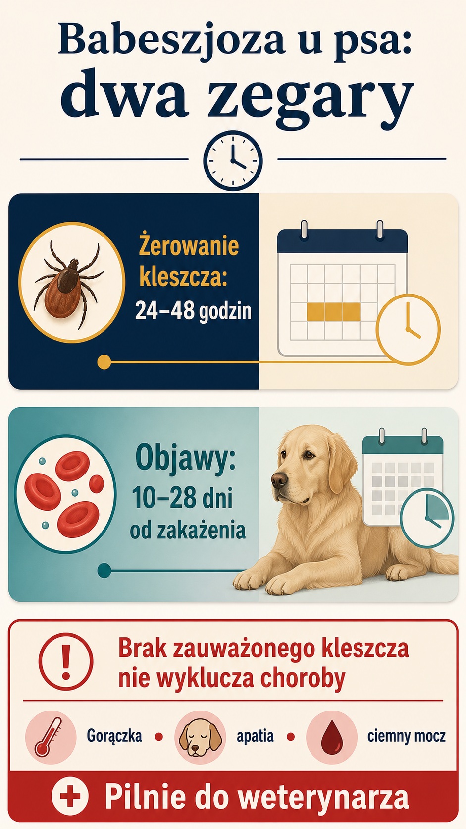 Infografika: dwa zegary babeszjozy u psa, czas żerowania kleszcza i okres objawów