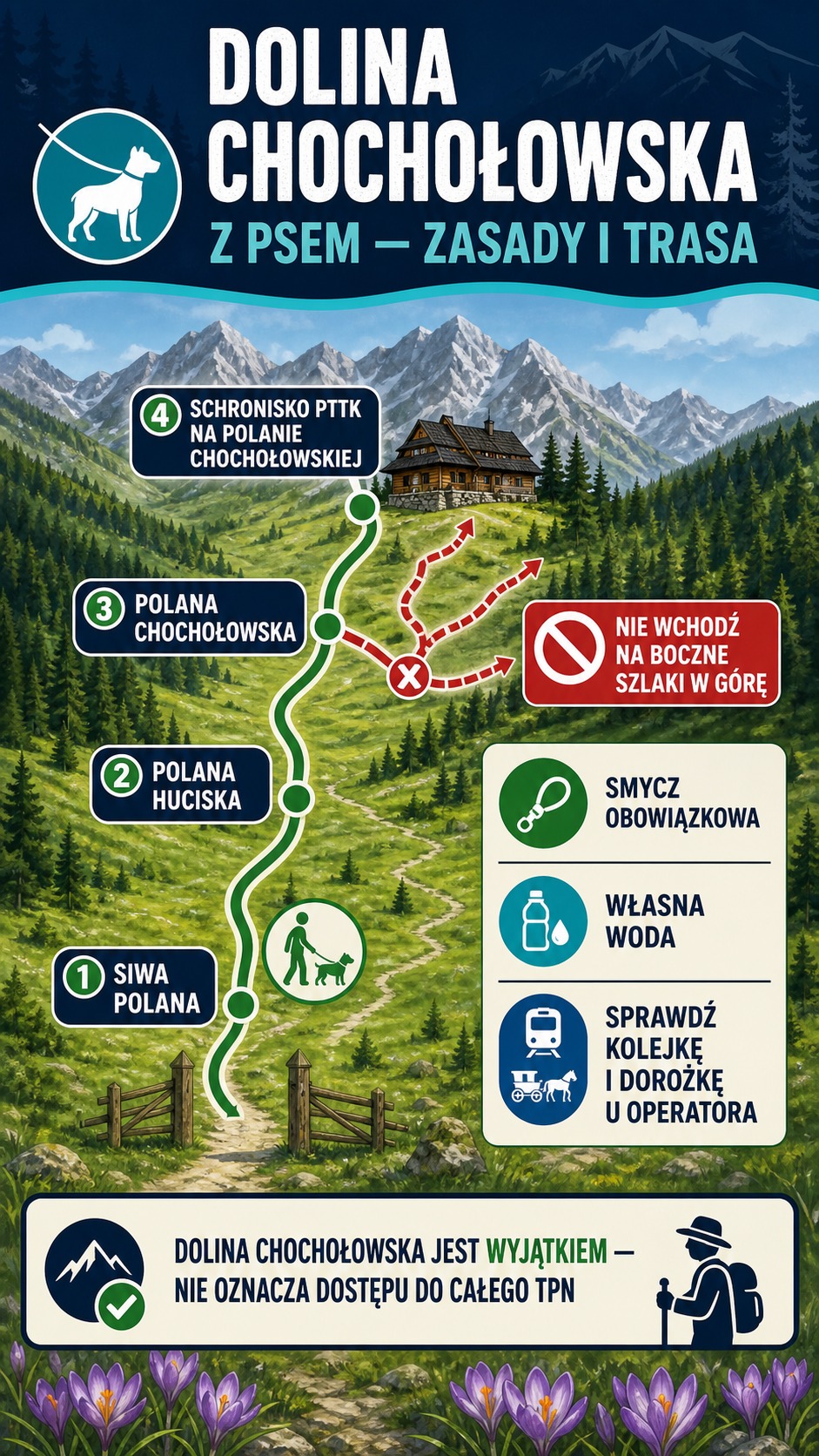 Pionowa infografika mapowa pokazuje dozwoloną trasę z psem od Siwej Polany przez Polanę Huciska i Polanę Chochołowską do Schroniska PTTK, czerwone boczne szlaki zakazane dla psa, obowiązkową smycz, własną wodę oraz konieczność sprawdzenia kolejki i dorożki u operatora.