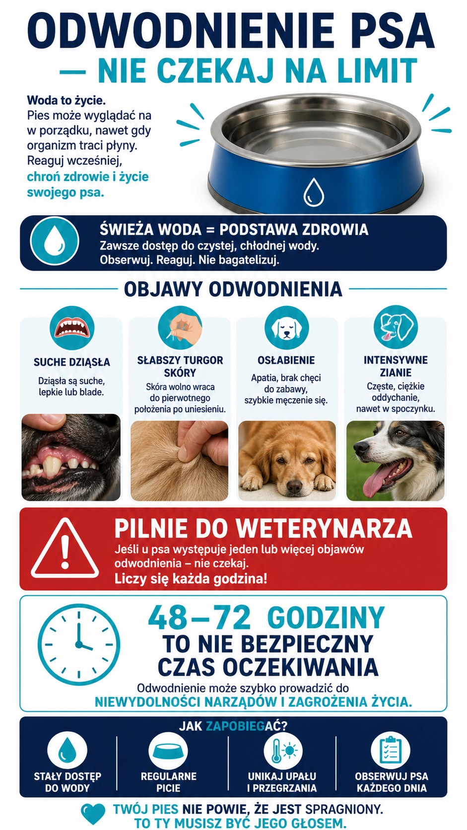 Pionowa infografika o odwodnieniu psa pokazuje miskę świeżej wody, suche i lepkie dziąsła, słabszy turgor skóry, osłabienie, intensywne zianie oraz czerwony komunikat o pilnej konsultacji weterynaryjnej.