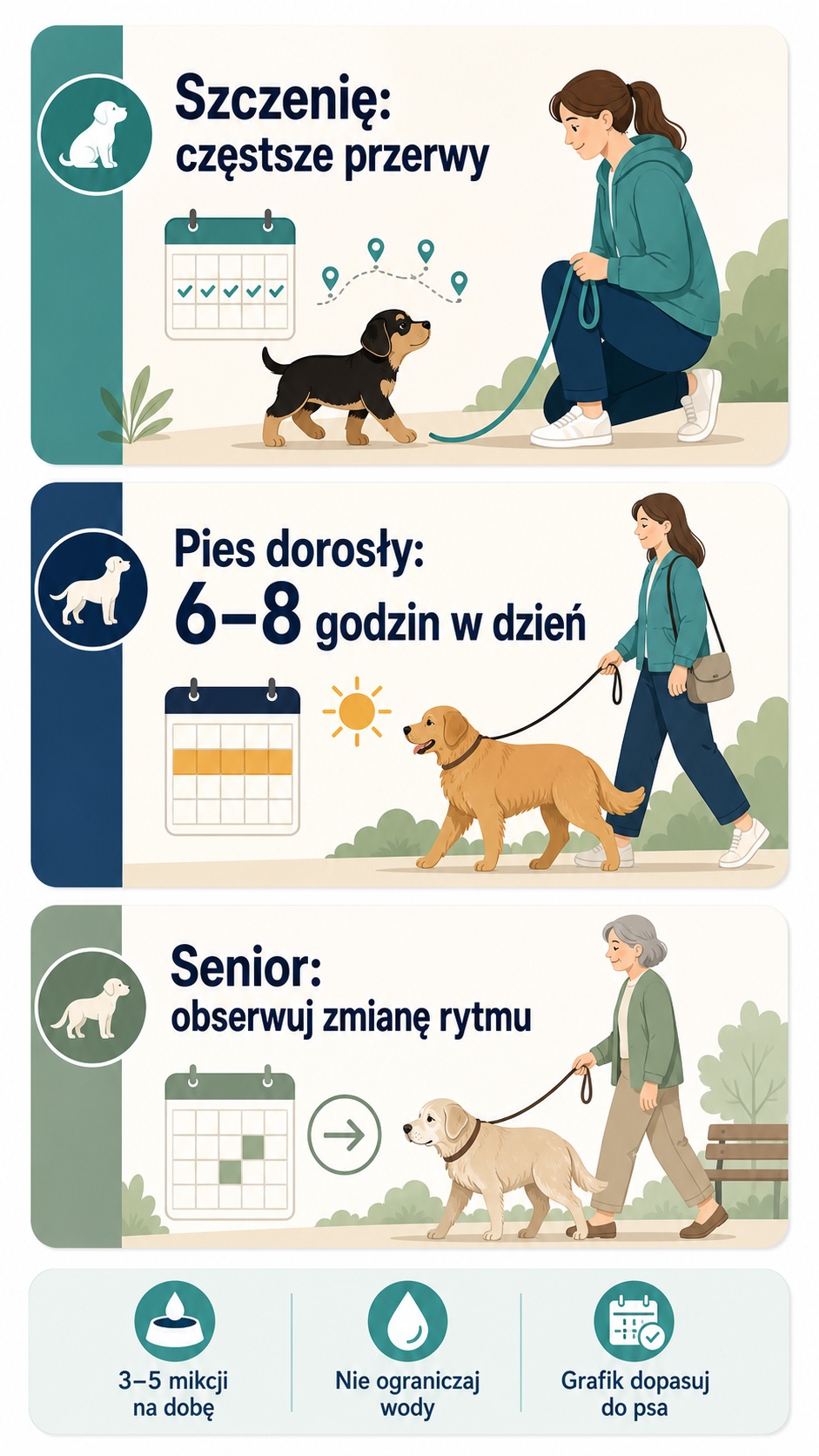 Infografika: rytm oddawania moczu u szczenięcia, psa dorosłego i seniora
