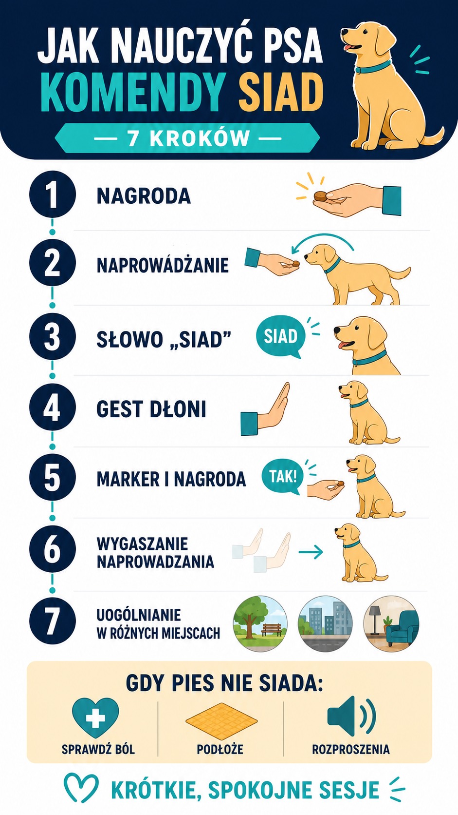 Pionowa infografika przedstawia siedem kroków nauki komendy siad: nagrodę, naprowadzanie przysmakiem, słowo siad, gest dłoni, marker i nagrodę, wygaszanie naprowadzania oraz uogólnianie w różnych miejscach.