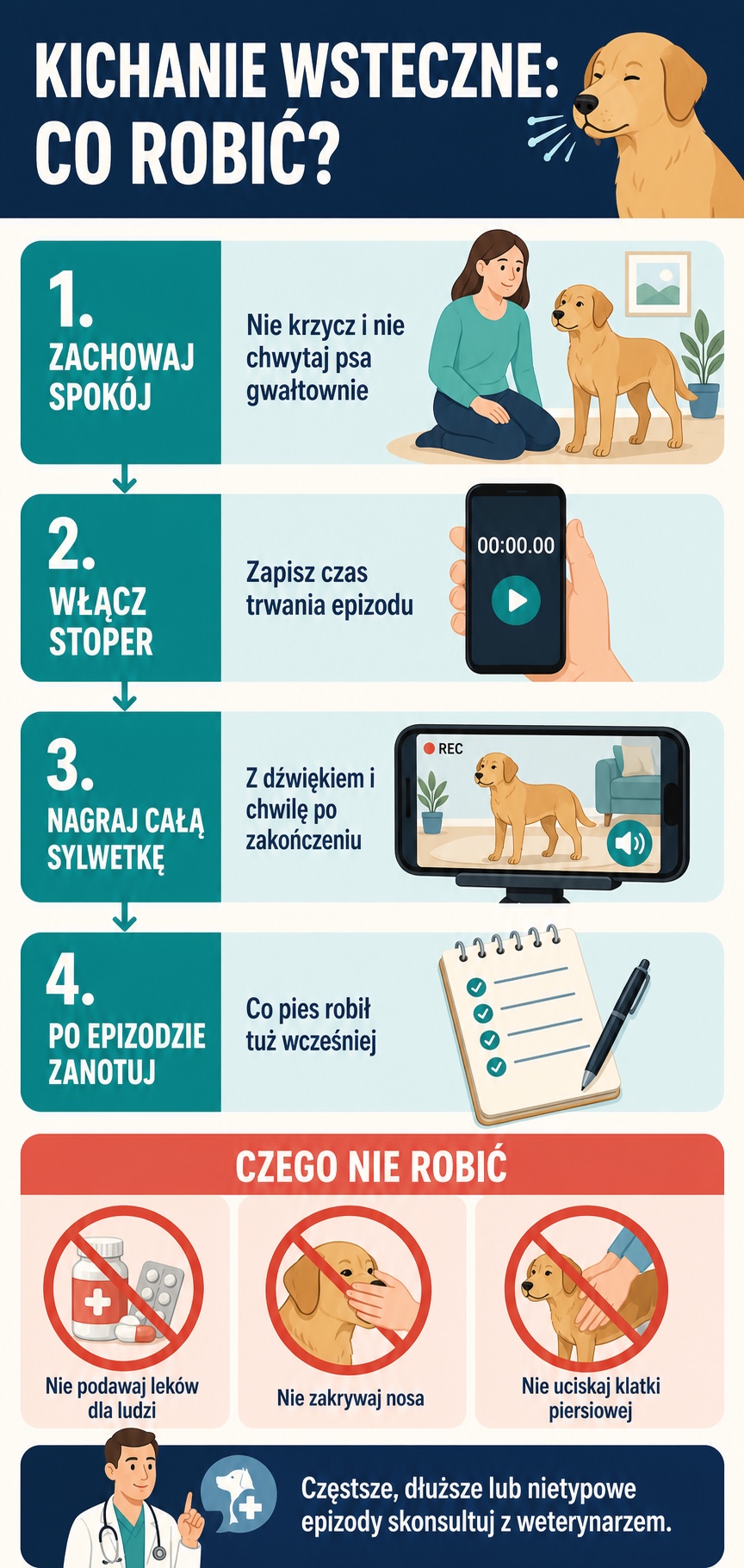 Infografika pokazuje, co robić podczas kichania wstecznego u psa: zachować spokój, zmierzyć czas, nagrać całą sylwetkę i zanotować okoliczności epizodu