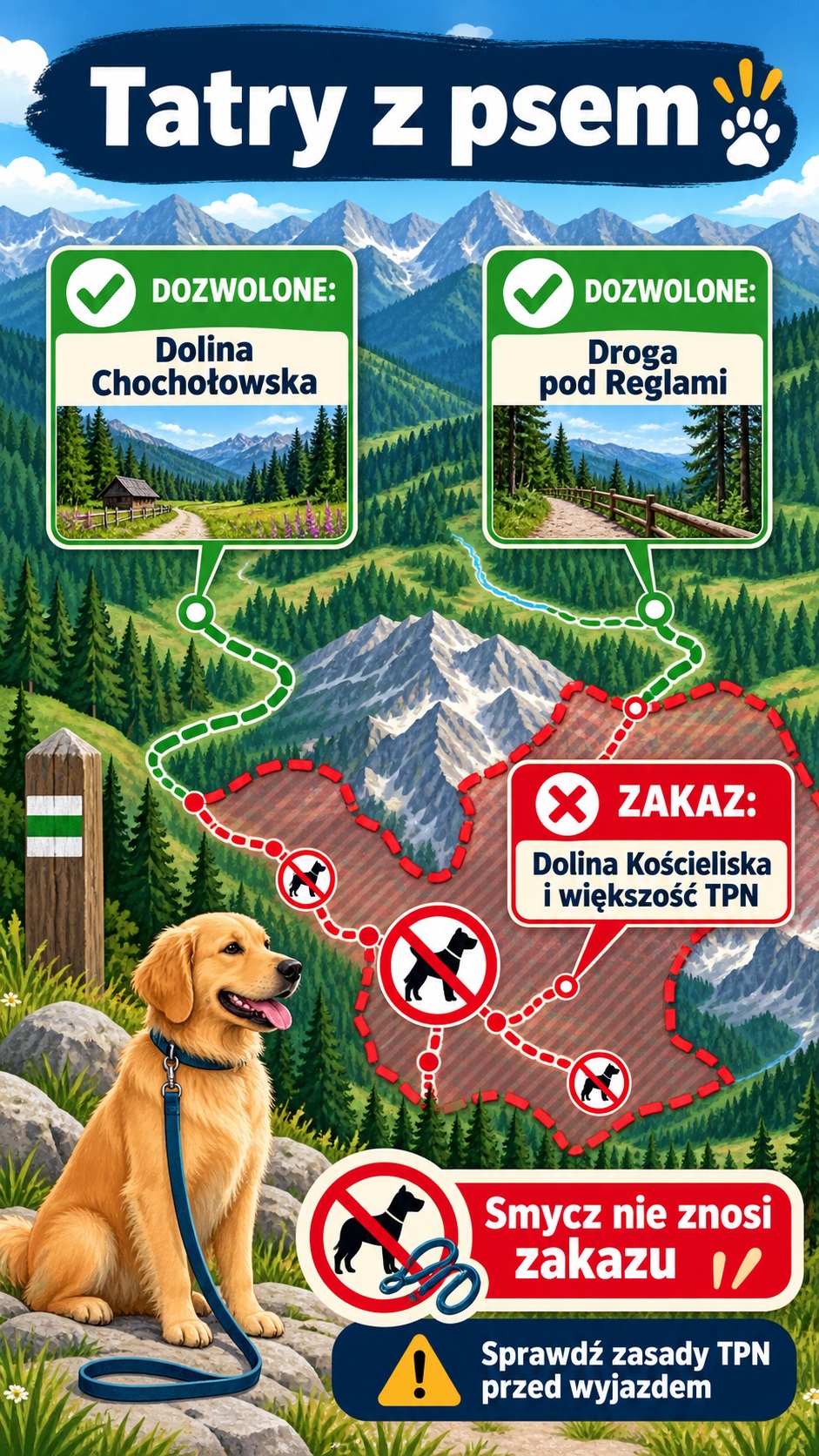 Infografika: dwie dozwolone trasy z psem w Tatrach i zakaz w Dolinie Kościeliskiej