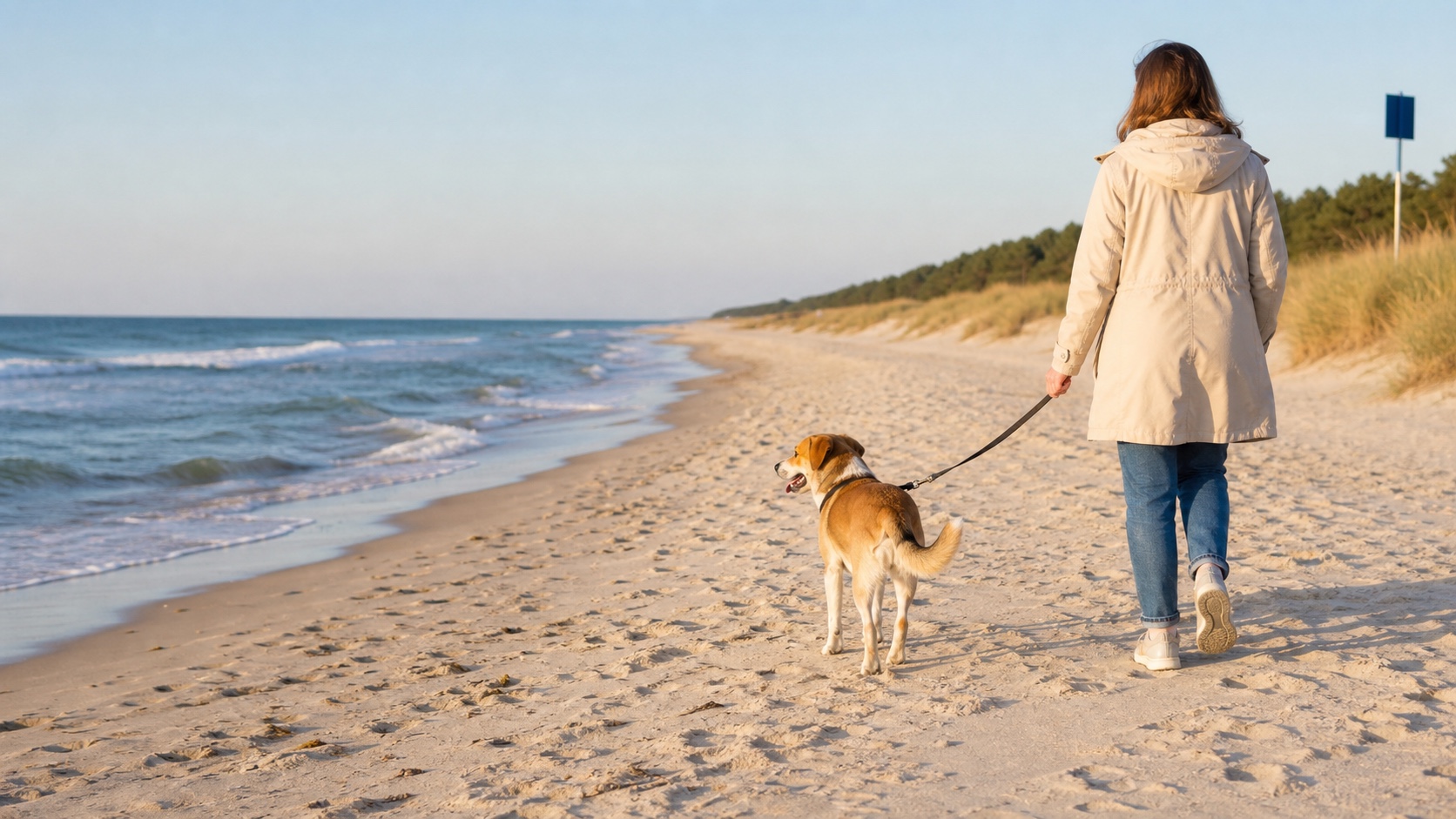 Plaże dla psów nad Bałtykiem — spacer z psem na smyczy Pies prowadzony na smyczy przez opiekunkę podczas spokojnego spaceru po szerokiej plaży nad Bałtykiem