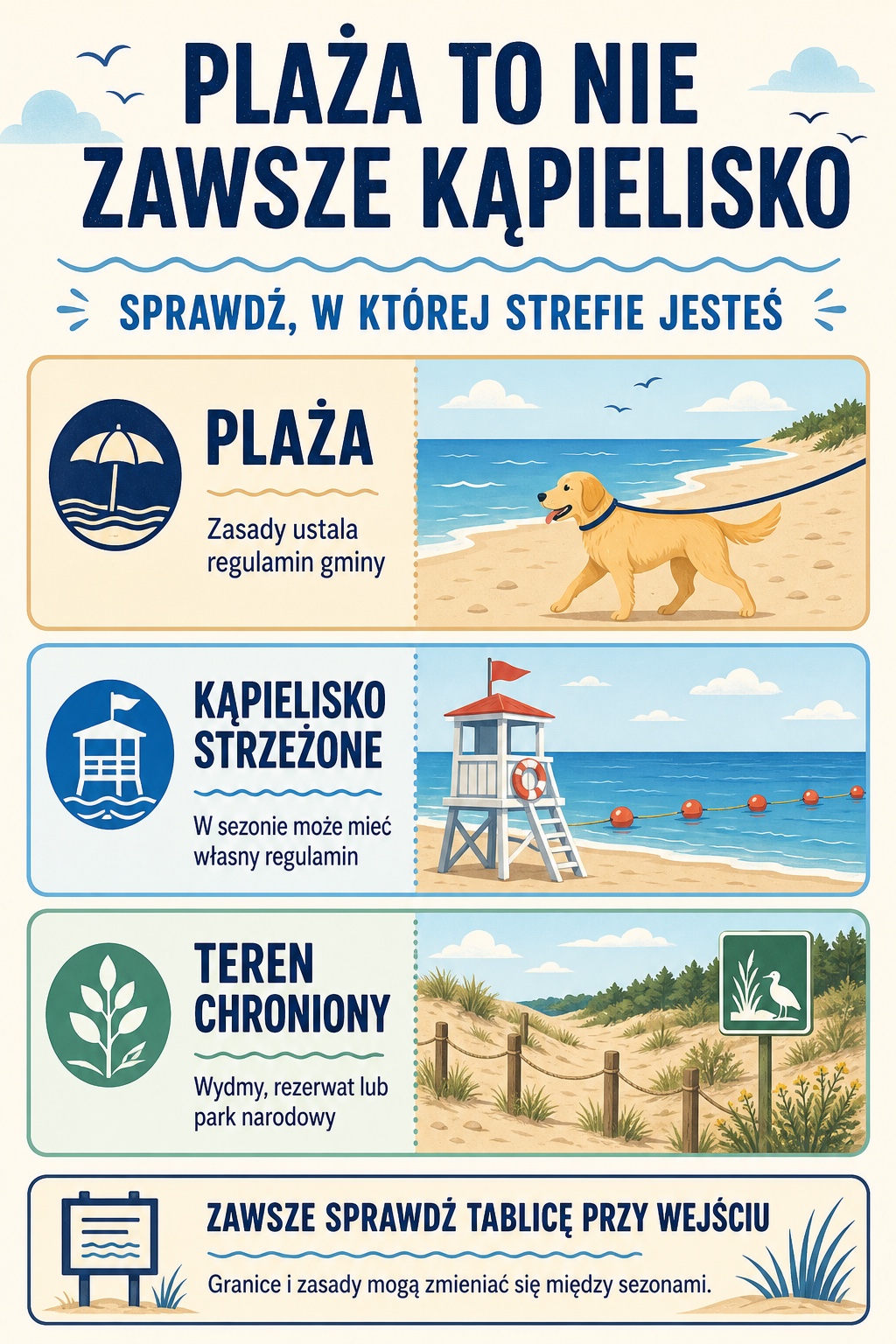 Infografika porównuje plażę, kąpielisko strzeżone i teren chroniony oraz przypomina o sprawdzeniu tablicy i aktualnych zasad przed wejściem z psem