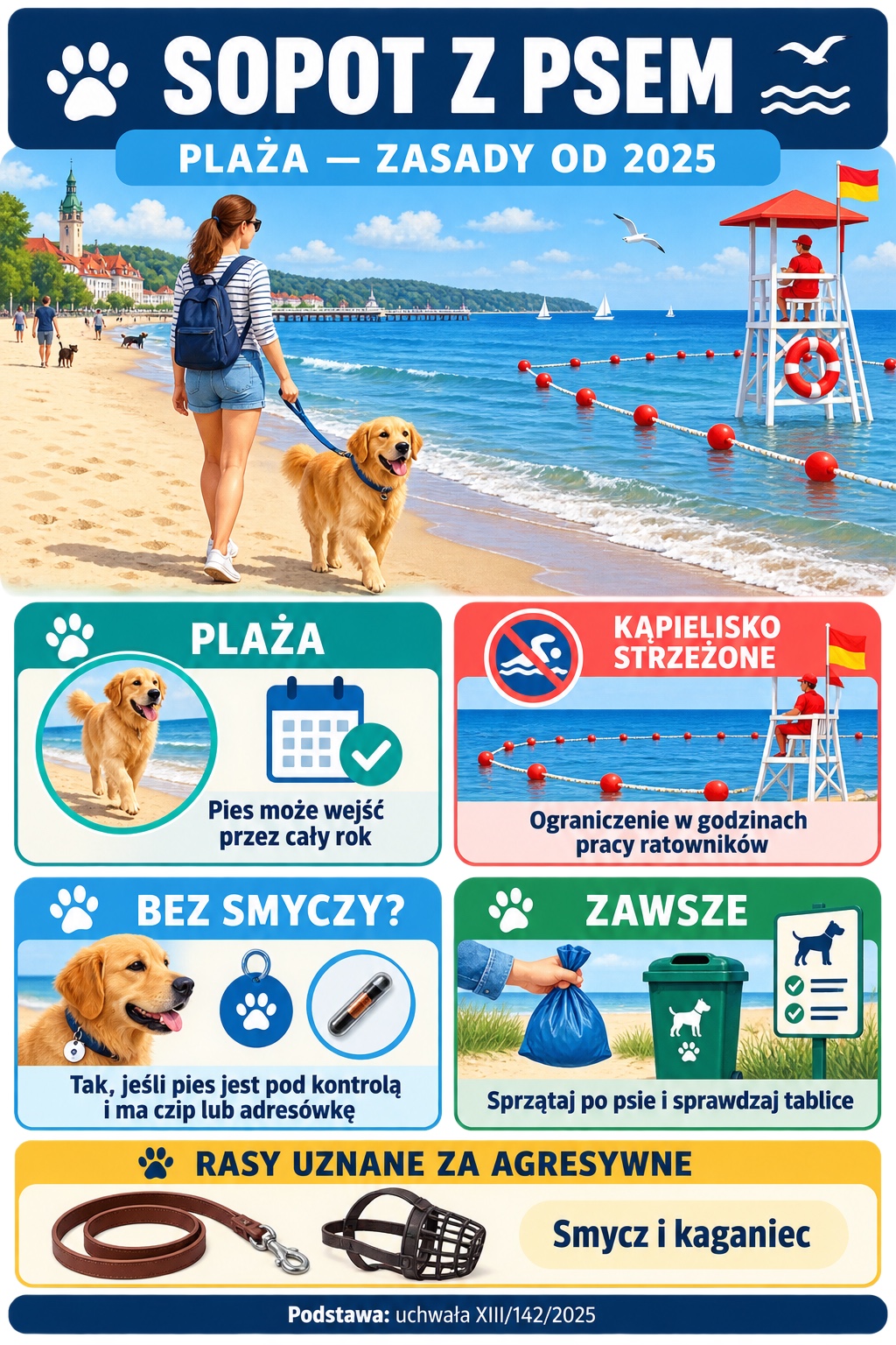 Infografika przedstawia zasady wejścia z psem na plażę w Sopocie od 2025 roku, wyjątek dla kąpielisk strzeżonych oraz wymogi kontroli i oznakowania psa