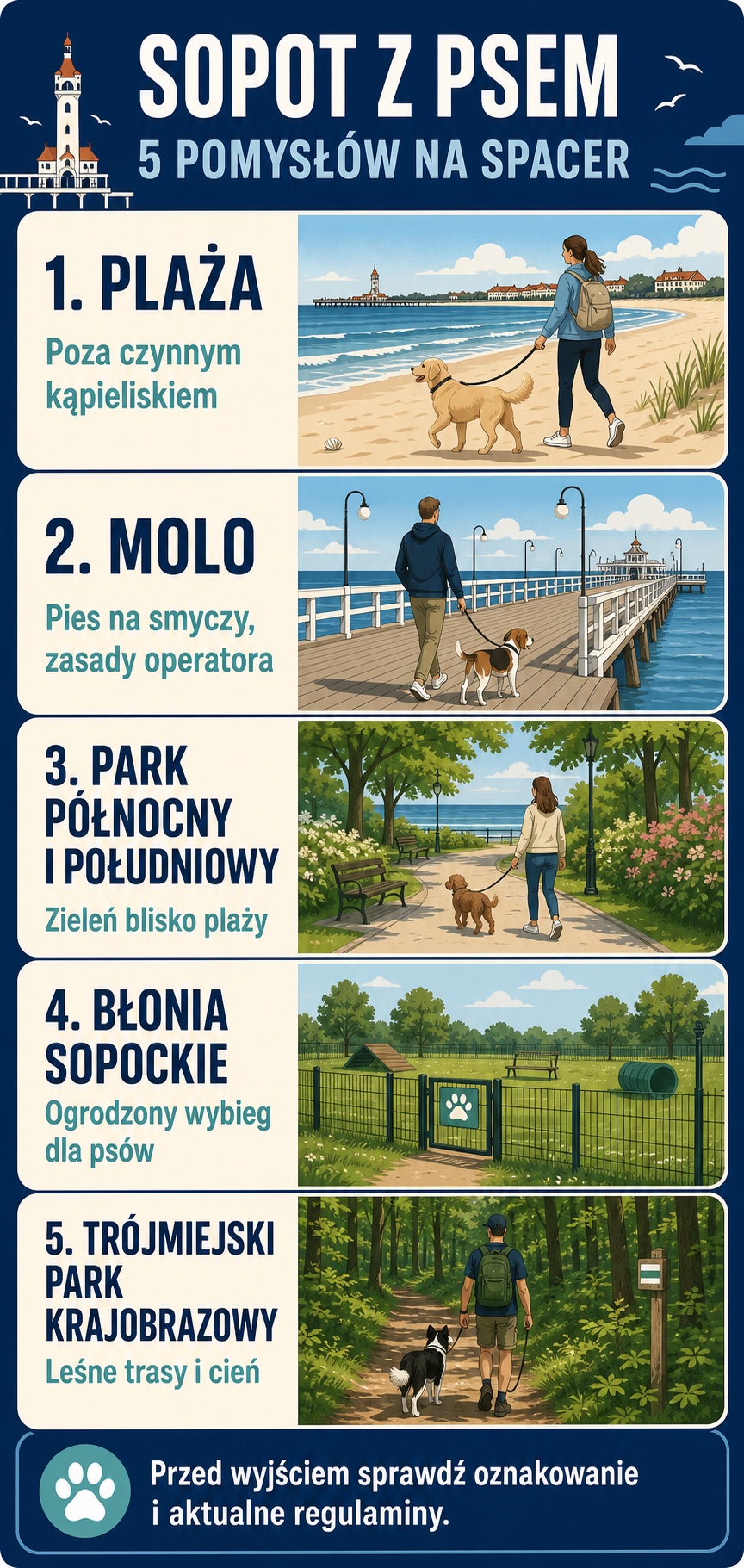 Infografika prezentuje pięć miejsc na spacer z psem w Sopocie: plażę, molo, Park Północny i Południowy, Błonia Sopockie oraz Trójmiejski Park Krajobrazowy